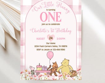 Pooh & Friends Our Little Hunny 1st Birthday Invitations, Turning ONE Editable Digital Download Evite Template JT1989