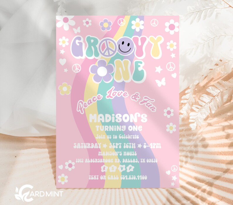 EDITABLE Groovy One Birthday Party Invitations, Rainbow Daisy Retro ...
