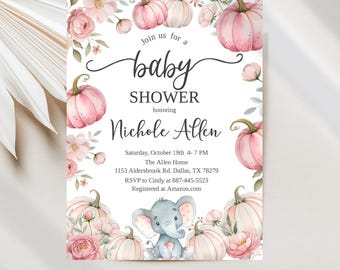 Elephant Baby Shower Invitations, Pink Flowers & Pumpkins Editable Digital Template JT2176