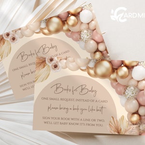 BEWERKBARE Boek Request Cards Baby Shower Pink Balloon Arch, Baby Girl Shower, Baby's Library Inserts Roze, Goud, Beige Pampas Gras DR0014
