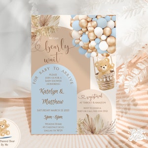 Inviti modificabili Boho Teddy Bear Arch, invito carino palloncini Pampas Baby Shower, baby boy blu, marrone, beige, invita digitale JT55