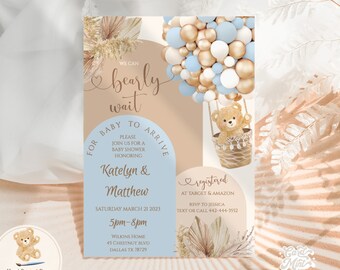 May include: A blue and brown baby shower invitation with a teddy bear in a hot air balloon made of gold and blue balloons. The text reads "We can barely wait for baby to arrive. Please join us for a baby shower honoring Katelyn & Matthew. Saturday March 21, 2023. 5pm-8pm. Wilkins Home, 45 Chestnut Blvd, Dallas TX 78729. Registered at Target & Amazon. RSVP to Jessica. Text or call 442-444-3552."