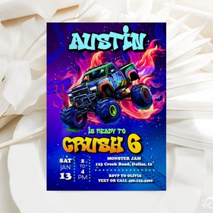 Op de afbeelding: Een uitnodiging met een kleurrijke monster truck illustratie en de naam "Austin" in vette letters. De tekst "Is Ready to Crush 6" is prominent aanwezig. Details omvatten datum, tijd, locatie en RSVP-informatie.