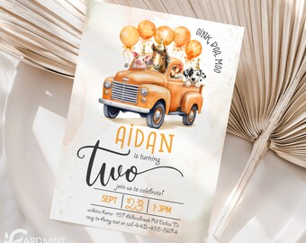 EDITABLE Farm Animal Birthday Invitations, Truck Orange Fall Rustic Tractor, Farm Animals Country Party, Boy Birthday Digital Template JP23