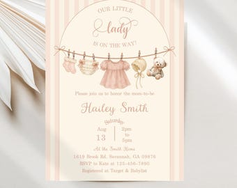 Clothesline Baby Shower Invitations, Little Lady Vintage Baby Clothes Download Template JT2111