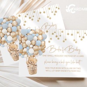 Cartes de demande de livre d’ours MODIFIABLES pour votre baby shower, apportez un livre au lieu d’une carte Modèle numérique de montgolfières bleues et dorées BR413