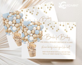 EDITABLE Bear Book Request Cards for your Baby Shower, Bring a Book Instead of a Card Blue and Gold Hot Air Balloons Digital Template BR413
