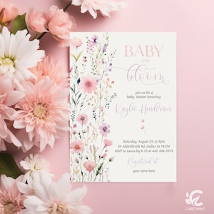 May include: A baby shower invitation with a watercolor floral design. The text reads "Baby in Bloom" and includes the name "Kaylee Henderson". The invitation details the date, time, location, and RSVP information. It also includes the text "Registered at your store here".