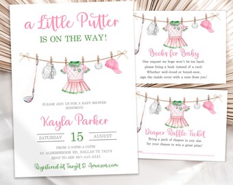 Editable Golf Little Putter Baby Shower Invitations, It's a Girl, Golf Theme Plaid Preppy Little Golfer Girl Turf Future Golfer JT1483 set