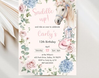 Horse Birthday Invitation, Cowgirl Party, Pink Floral Pony Editable Digital Download JT2180