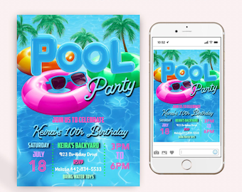 Pool Party Birthday Invitation, Neon Glow Editable Swim Invite Digital Download JT1969