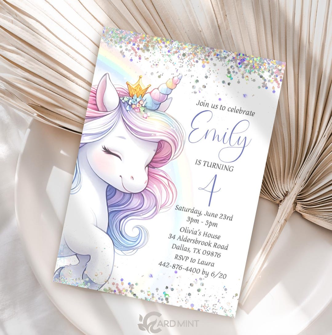 Unicorn Rainbow Birthday Invitations, Glittery Editable Digital ...