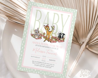 EDITABLE Bambi Baby Shower Invitation, Forest Animals, Deer Girl Baby Shower or Sprinkle Invite, Soft Pink and Green JT1936