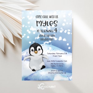 Bearbeitbare Pinguin-Geburtstagseinladungen, verschneites Winterwunderland, jedes Alter kleiner Pinguin-Geburtstagsfeier digitaler Sofort-Download JT1527