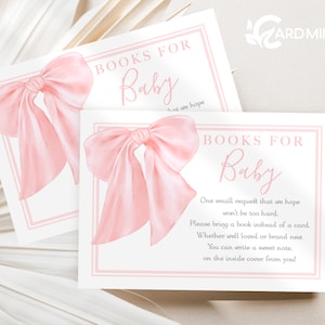 BEWERKBARE roze strik boek aanvraagkaarten voor baby shower, boeken voor baby's bibliotheekkaarten, digitale sjabloon downloaden BR1195