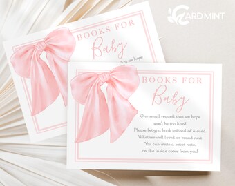 EDITABLE Pink Bow Book Request Cards for Baby Shower, Books for Baby's Library Cards, Digital Template Download BR1195
