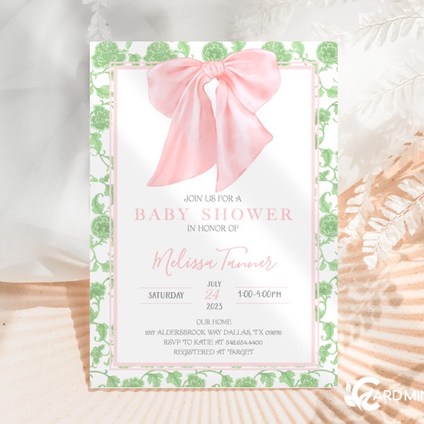 EDITABLE Pink Bow Baby Shower Invitation, Girl Baby Shower or Sprinkle Invite, Soft Pink Ribbon with Green Border Self Edit Template JT2332