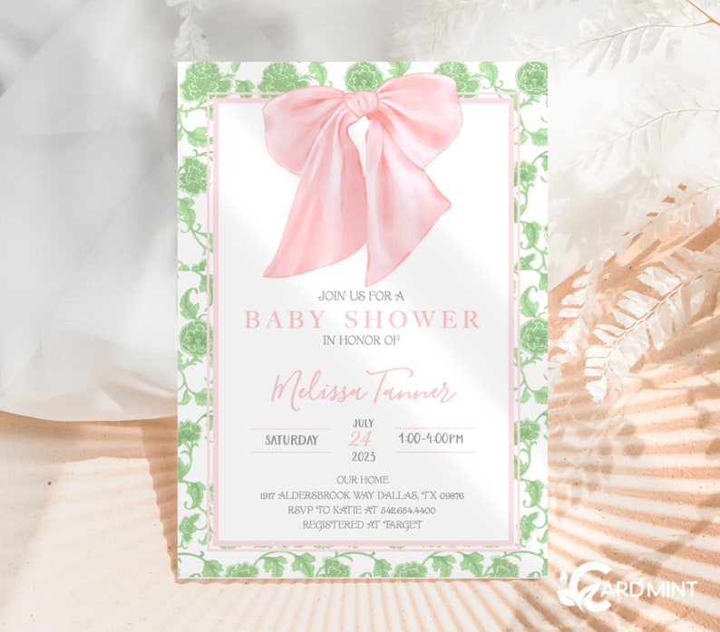 EDITABLE Pink Bow Baby Shower Invitation Girl Baby Shower or - Etsy