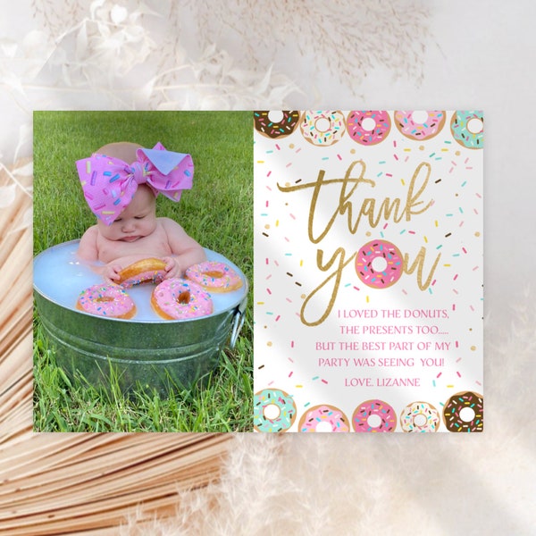 EDITABLE Donut Birthday Photo Thank You Cards, Pink Gold Teal Sweet One Theme, Cake Smash Thank You, Instant Download TNP1220