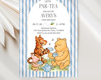 Pooh and Friends Birthday Tea Party Invitations, Editable Digital Template JT2179