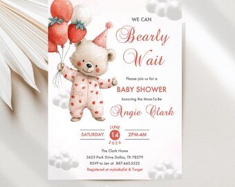 Bearly Wait Strawberry Baby Shower Invitations A Berry Sweet Baby, Editable, Digital JT2120