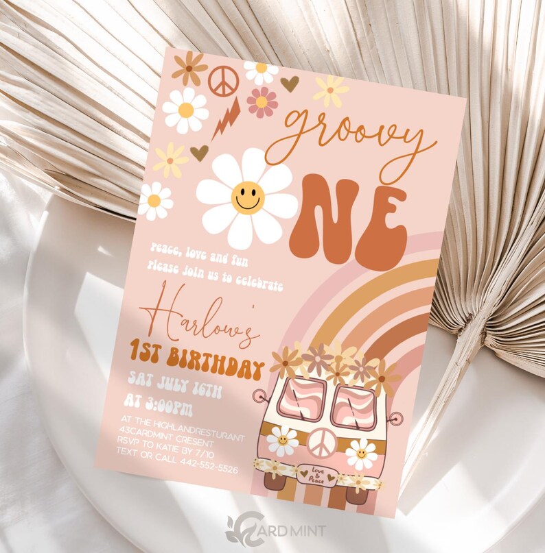 Editable First Birthday Groovy One Birthday Party Invitations 1st Retro ...