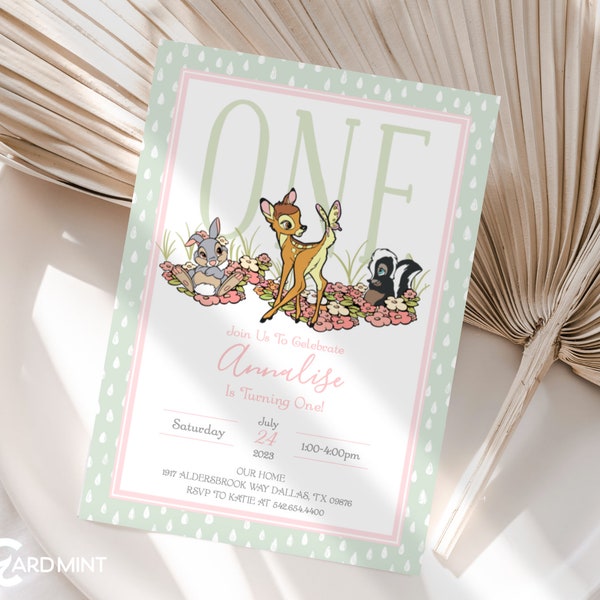 EDITABLE Bambi First Birthday Invitation, Forest Animals, Turning One Deer Girl Invite, Soft Pink and Green Digital Template  JT1929#2