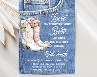 Cowgirl Bridal Shower Invitations, Love that Fits like your Favorite Boots Digital Template JT2183