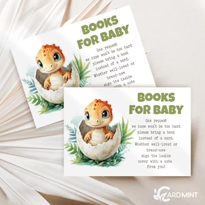 Bewerkbare arcering binnenkort dinosaurus babyshower boekverzoekkaarten, schattige dino Bring a Book, genderneutraal digitale downloadsjabloon BR1649