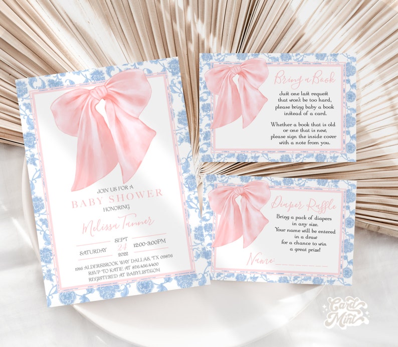 EDITABLE Pink Bow Baby Shower Invitation Set of 3, Baby Girl Shower ...