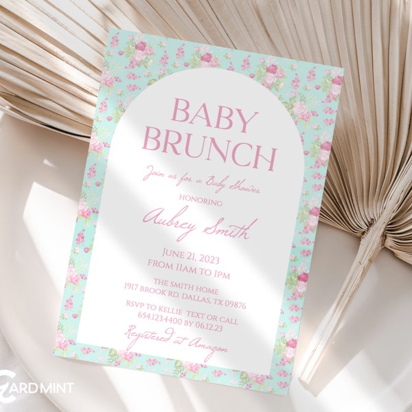 EDITABLE Shabby Chic Baby Shower Invitation, Girl Baby Shower or Sprinkle Brunch Invite,  White Arch Floral Border Self Edit JT514