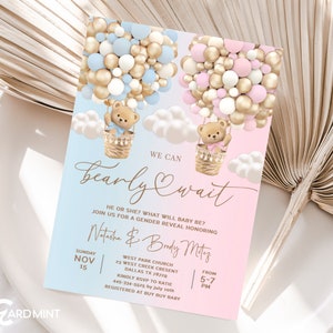 Inviti modificabili per rivelazione del sesso del bambino, Bearly Wait, modello di invito per baby shower con palloncini, modello per neonato, orsacchiotto marrone glitterato oro JT429