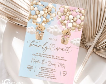 Editable Gender Reveal Bearly Wait Invitations Baby Shower Balloons Invite Template Baby Boy Girl Gold Glitter Brown Teddy Bear JT429