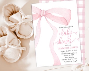 EDITABLE Pink Bow Baby Shower Invitation, Baby Girl Shower, Baby Sprinkle Invite, Soft Delicate Pink Pastel Ribbon  Digital Self Edit JT3023