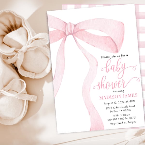 EDITABLE Pink Bow Baby Shower Invitation, Baby Girl Shower, Baby Sprinkle Invite, Soft Delicate Pink Pastel Ribbon  Digital Self Edit JT3023