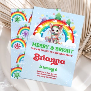 Editable Christmas Holiday Winter Invitations Birthday Party Invites Cute Rainbow Fox Invite 5th Lisa 90s Digital Template JP98