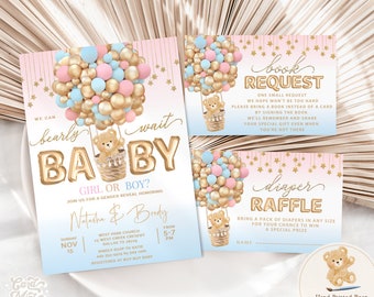 EDITABLE Gender Reveal Bearly Wait SET of 3 Hot Air Balloon Teddy Bear Invitations, Shower Bundle, Baby Boy or Girl Pink and Blue JT42 set3
