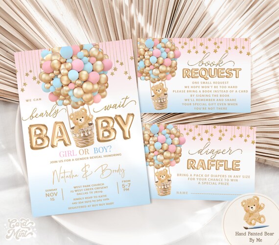 EDITABLE Gender Reveal Bearly Wait SET of 3 Hot Air Balloon Teddy Bear Invitations, Shower Bundle, Baby Boy or Girl Pink and Blue JT42 set3