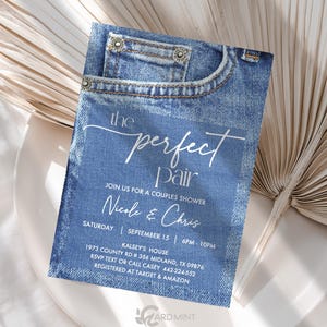 Modifiable, la paire parfaite d'invitations pour une douche en couple, des invitations pour une douche de mariage pour les couples en bleu denim, modèle JT1698 en téléchargement numérique