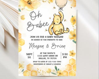 Winnie the Pooh Baby Shower Invitations, Oh Babee Honeycomb Design Gender Neutral, Editable Printable or E-vite Digital Template JT1993