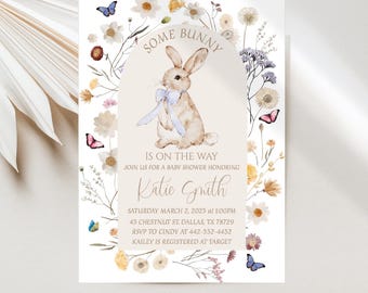 Editable Bunny Baby Shower Invitations, Some Bunny with Blue Bow and Wildflowers, Bunny It's a Boy Invites Instant Digital Download JT1729