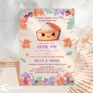 Editable Our Cutie Pie Fall Baby Shower Invitations, Autumn Harvest Rustic Country Pumpkin Pie Kawaii Girl Design Digital Template JT587