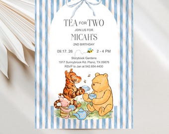 Pooh and Friends Birthday Tea Party Invitations, Editable Digital Template JT2179