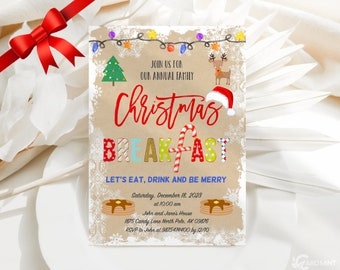 Può includere: Un invito per la colazione di Natale con grafica festiva. L'invito presenta un albero di Natale, una renna, un cappello di Babbo Natale e un bastoncino di zucchero. Il testo include "Christmas Breakfast" e i dettagli dell'evento. Sfondo beige con fiocchi di neve.