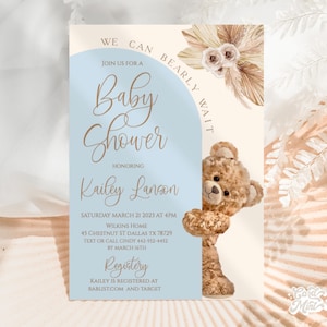 Inviti modificabili Boho Teddy Bear Peek a Boo, inviti carini per baby shower Pampas e floreali, Baby Blue Its a Boy, inviti per bambini digitali JT109