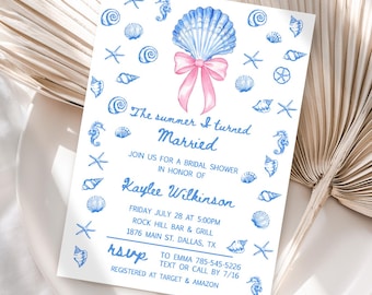 Sea Shell Bridal Invitations Pink Bow Nautical Coquette Summer Bachelorette Digital Download Template JT2132