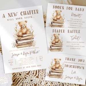 Invito modificabile per orsacchiotti SET di 4 libri accoglienti per la doccia del nuovo capitolo, pacchetto marrone e beige neutro per il genere del bambino, modelli digitali JT152