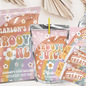 EDITABLE Groovy One Birthday Party Package Bundle Rice Krispy, Capri Sun, First Birthday 1st, Daisy Smile Boho 70&#39;s Hippie Van Bus SPK3122