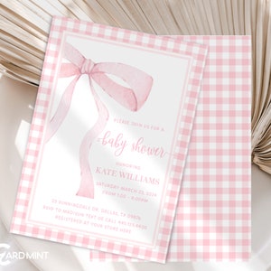 EDITABLE Pink Bow Baby Shower Invitation, Baby Girl Shower, Baby Sprinkle Invite, Soft Delicate Pink Pastel Ribbon  Digital Self Edit JT3023