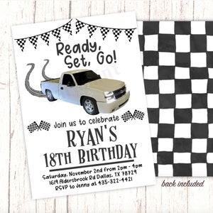 Truck Birthday Invitations, White Truck Design, Racing Dropped Chevy Truck Any Age Digital Download Template JT8222